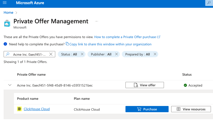 Azure Marketplace Private Offer Management 페이지에서 구매 가능 상태