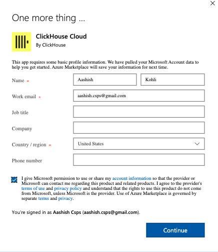 ClickHouse Cloud 가입 정보 양식