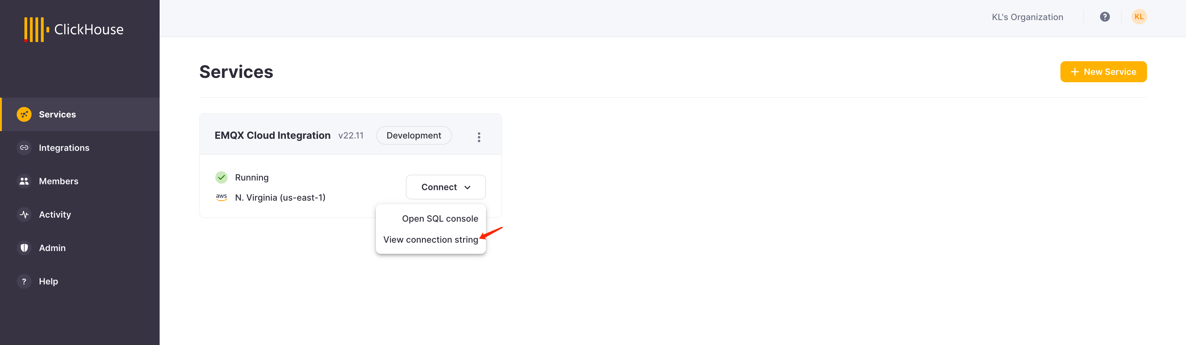 연결 옵션이 표시된 ClickHouse Cloud 실행 중 인스턴스 대시보드