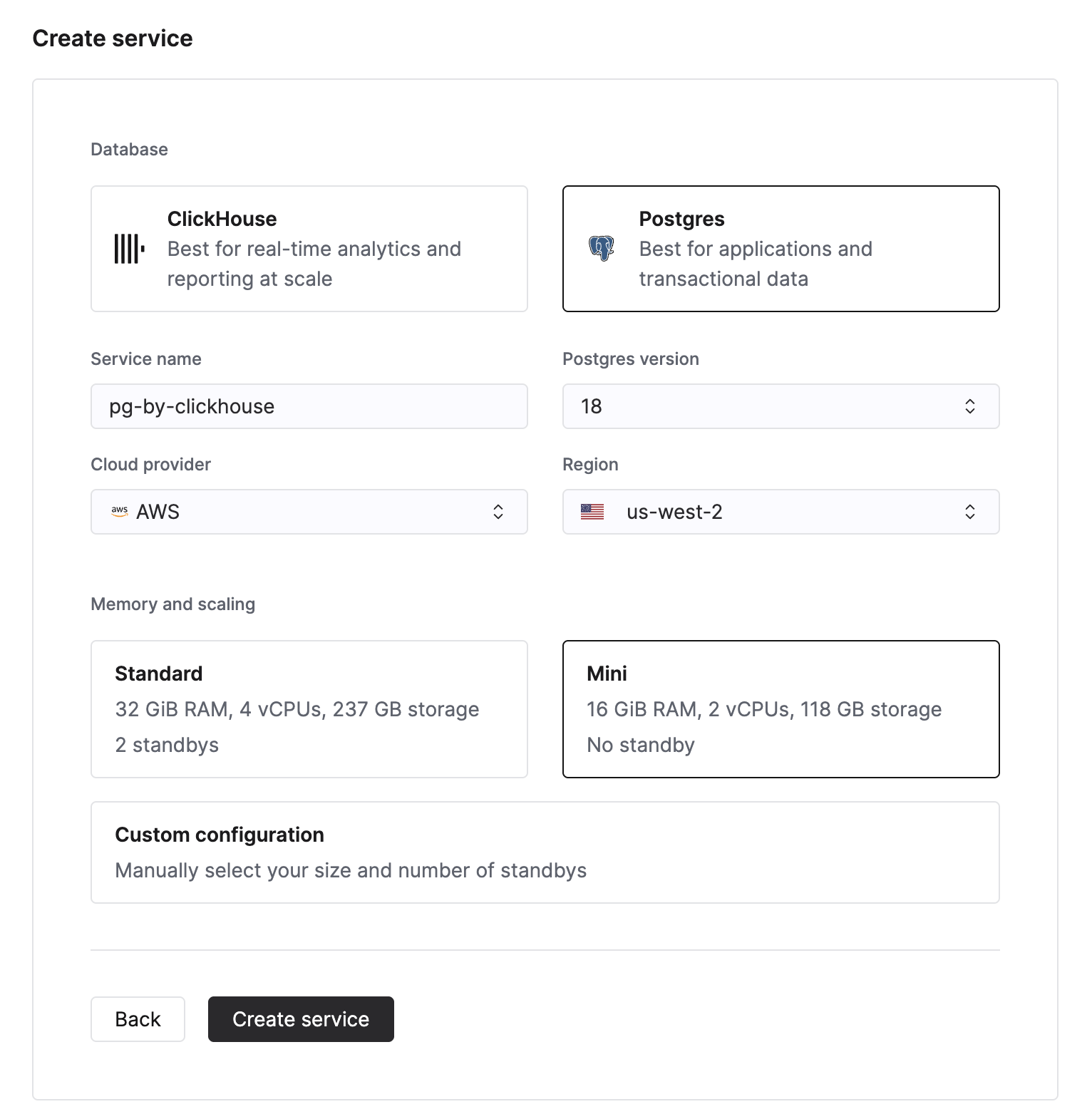 ClickHouse Managed Postgres 인스턴스 생성