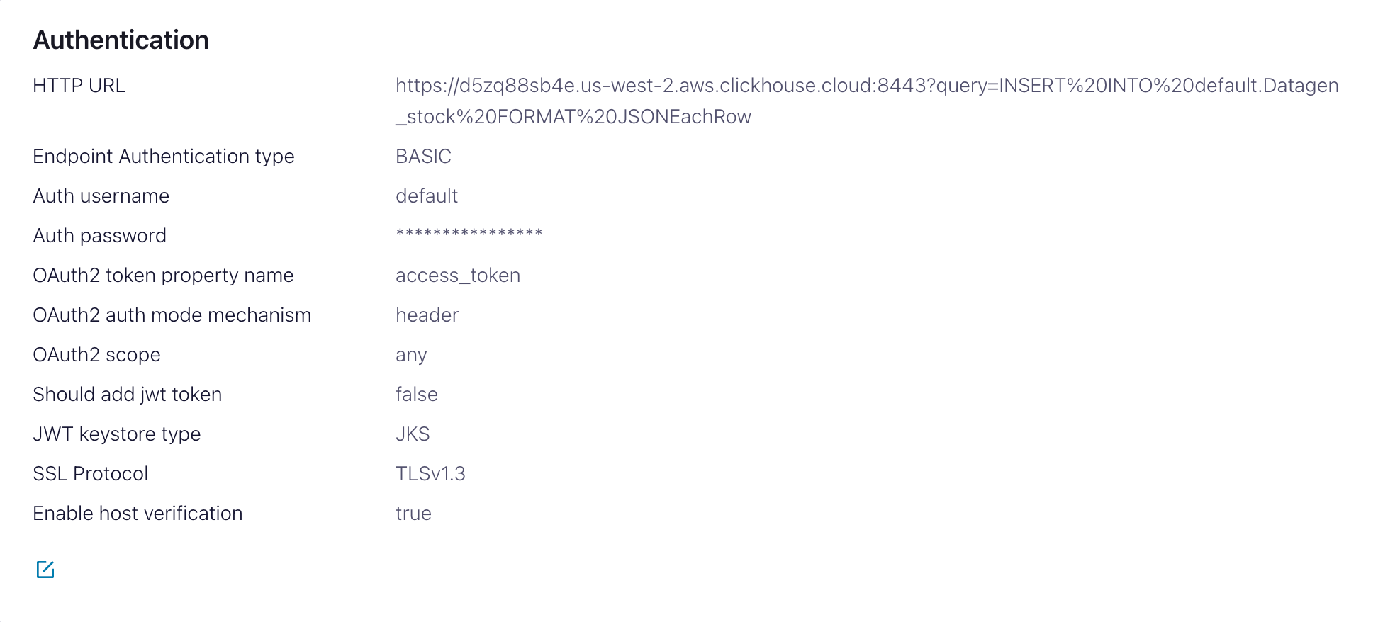 HTTP Sink connector에 대한 인증 설정을 보여주는 Confluent Cloud 인터페이스