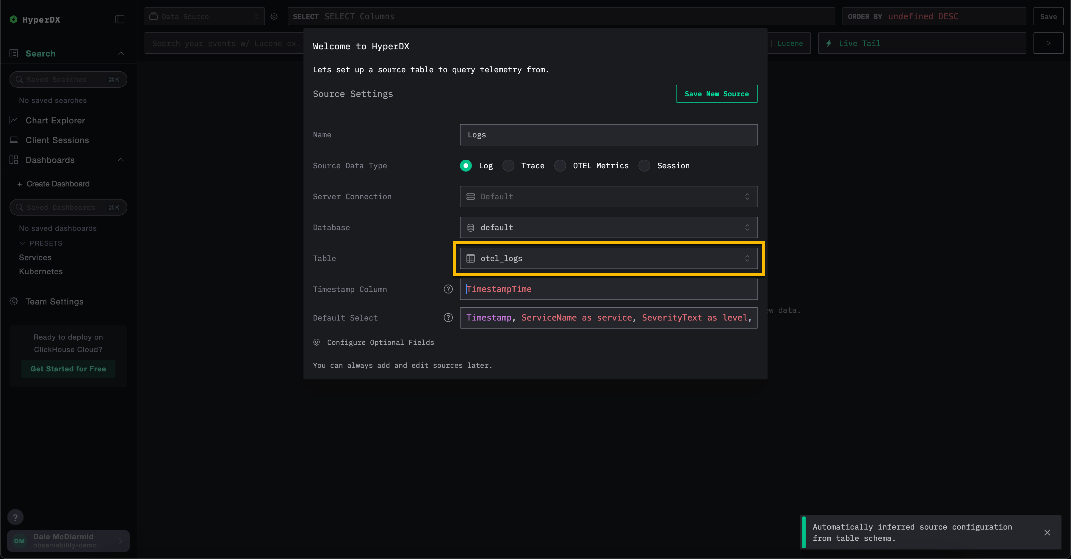 ClickHouse Cloud HyperDX 데이터 소스