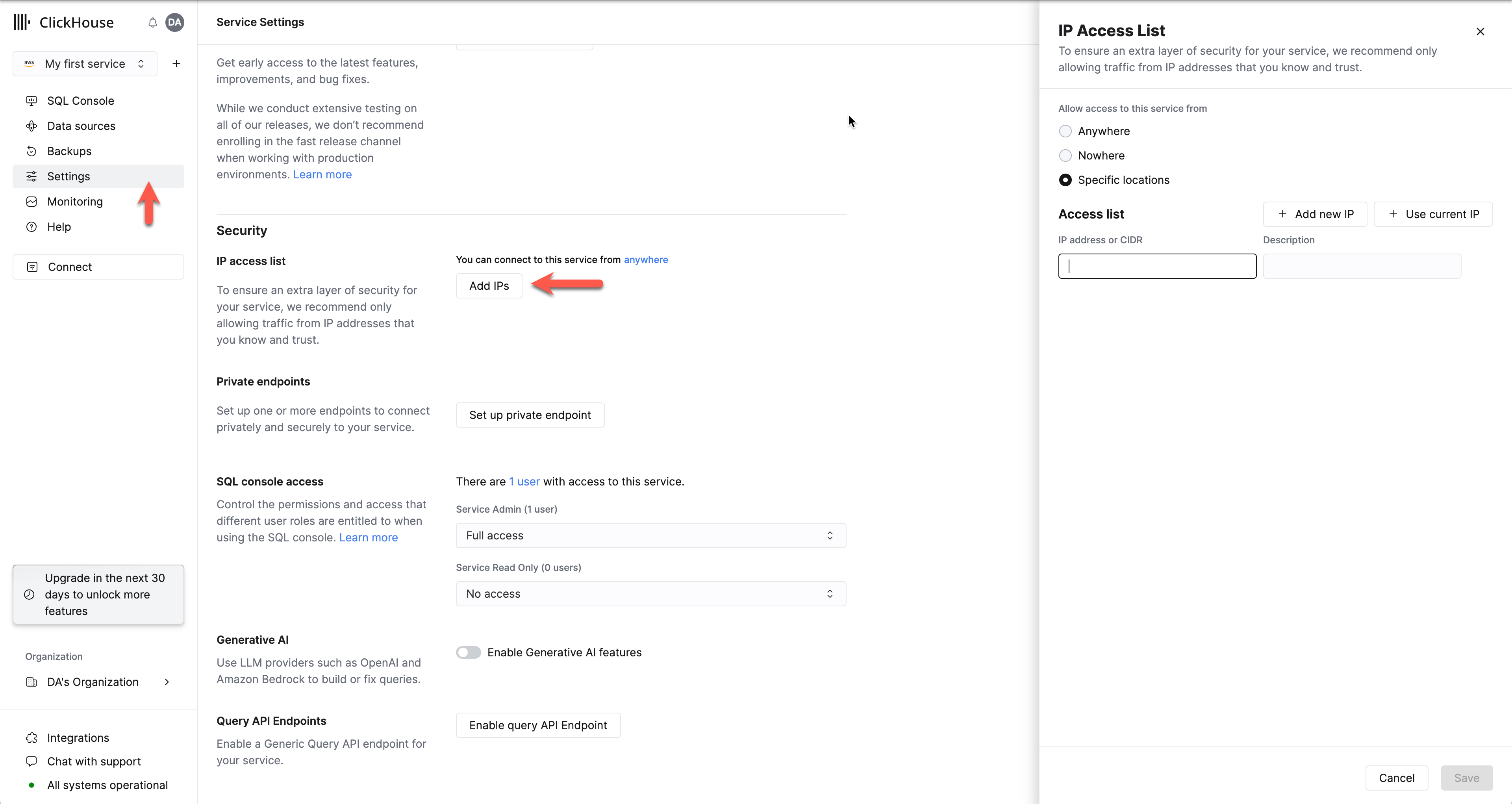 서비스가 IP Access List에서 사용자의 IP 주소에서 발생하는 트래픽을 허용하는지 확인